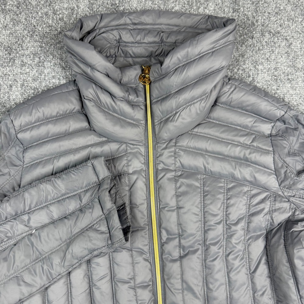 Michael Kors Down Puffer Jacket Women Large Gray Packable Gold Zip Funnel Neck